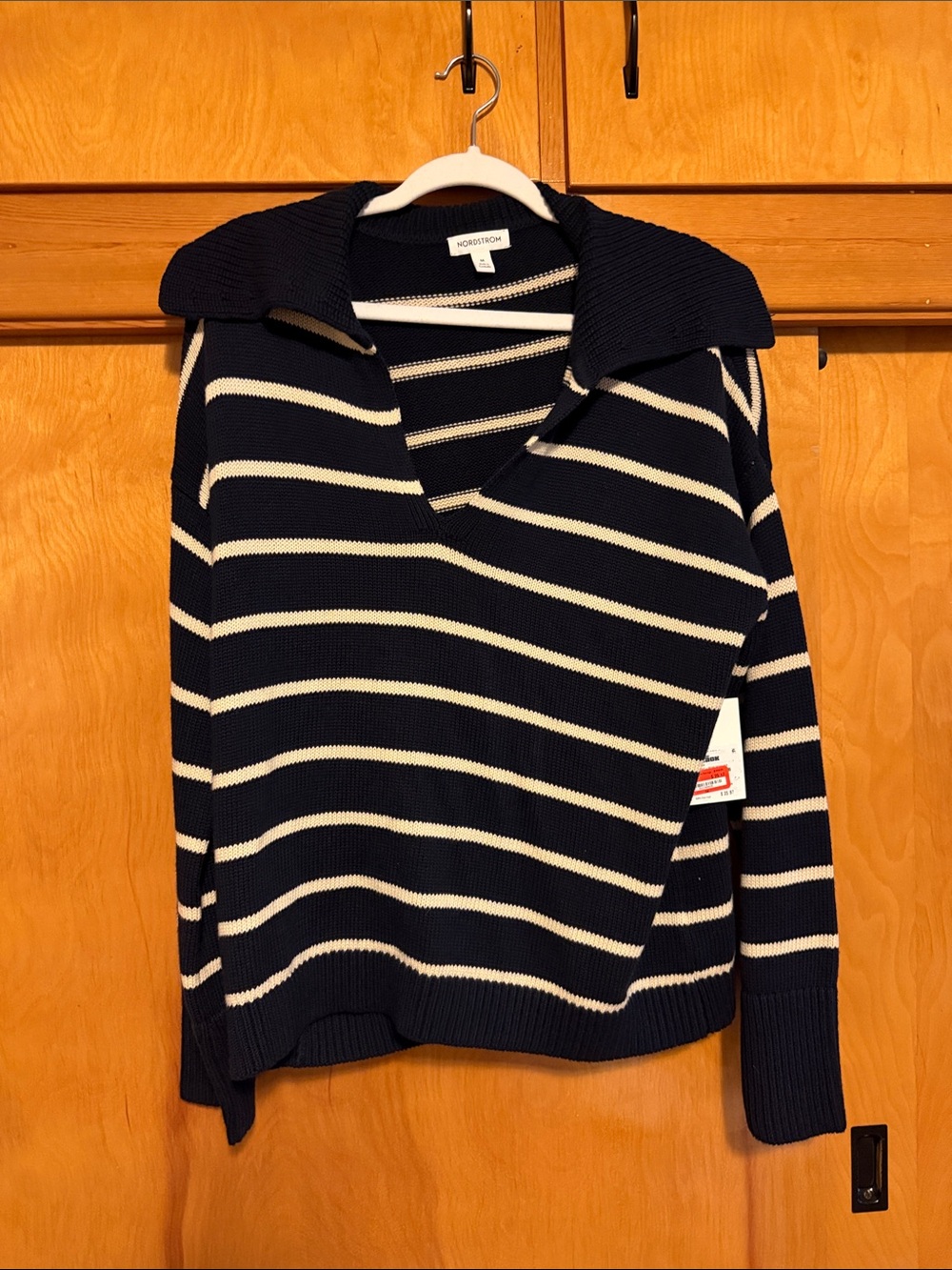 Nordstrom Navy and White Striped V‑Neck Collared Sweater